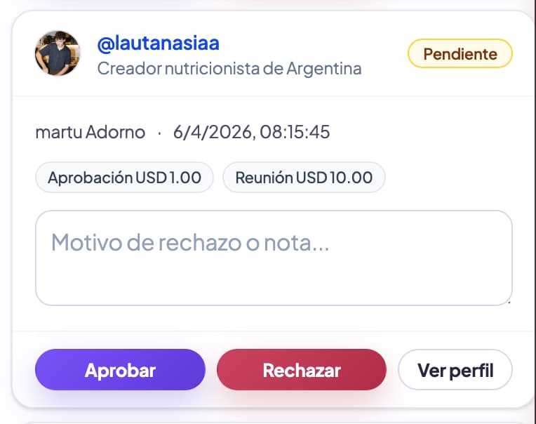 Interfaz para aprobar o rechazar un creador